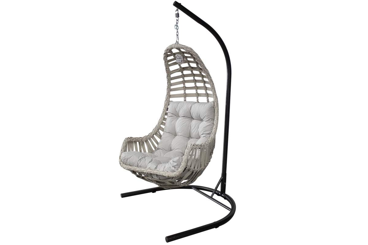 White Rattan Hanging Chair With Cream Cushion